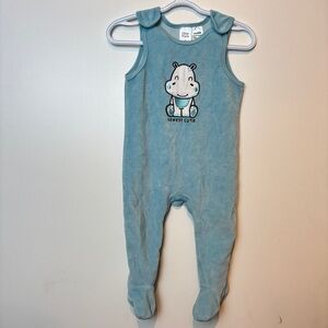 Ollies Place 6-12 Months Light Blue Velour Baby Romper w Embroidered hippo